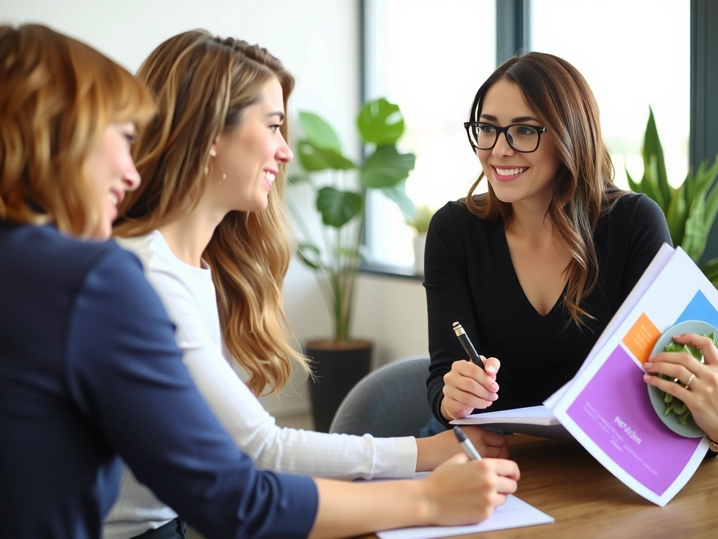Eine lächelnde Frau im Gespräch mit einer Ernährungsberaterin, die Notizen macht und auf einen Ernährungsplan zeigt.