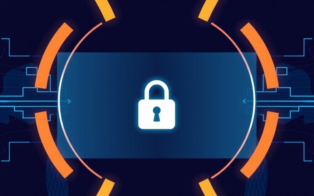 Illustration von Datensicherheit mit einem Schlosssymbol auf einem Bildschirm und umgebenden Schutzschichten.