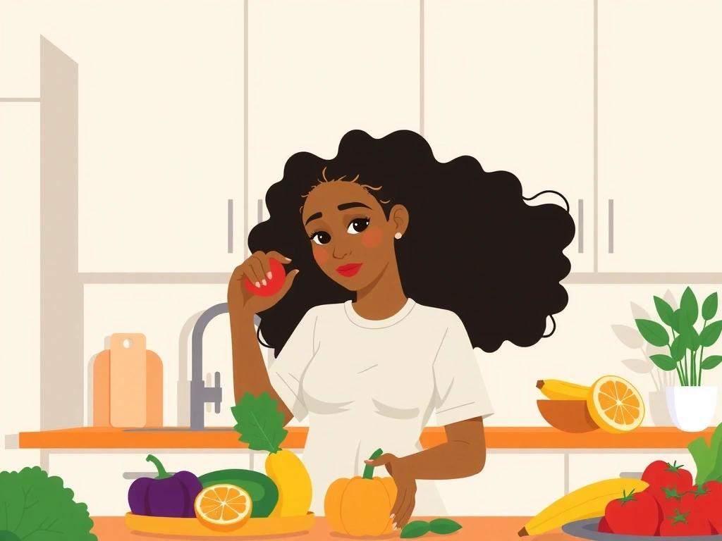 Illustration einer Person, die frische Lebensmittel auswählt, symbolisiert gesunde Ernährung und Wohlbefinden.